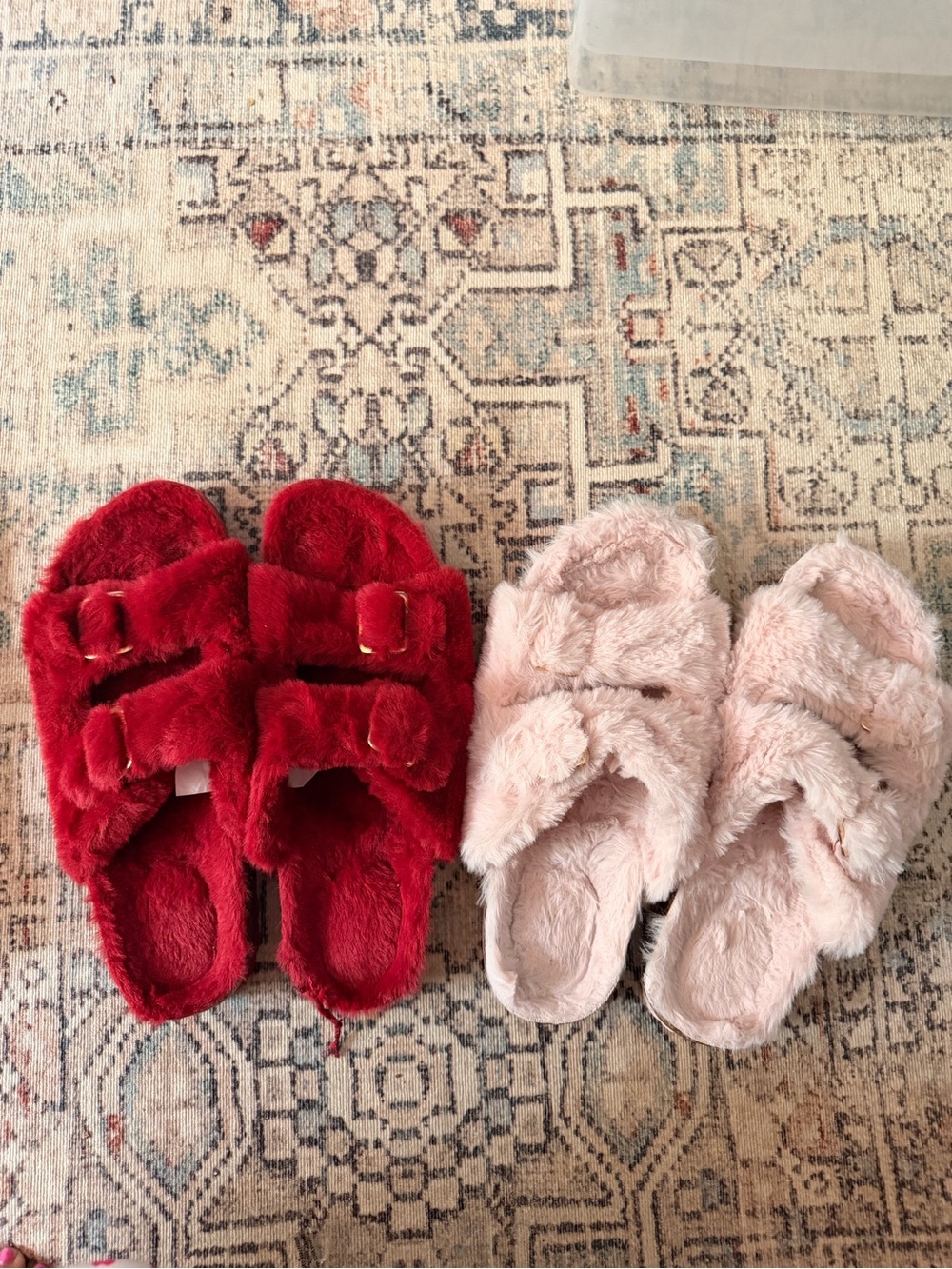 Faux-Fur Double-Strap Women's Slippers - Red and Light Pink